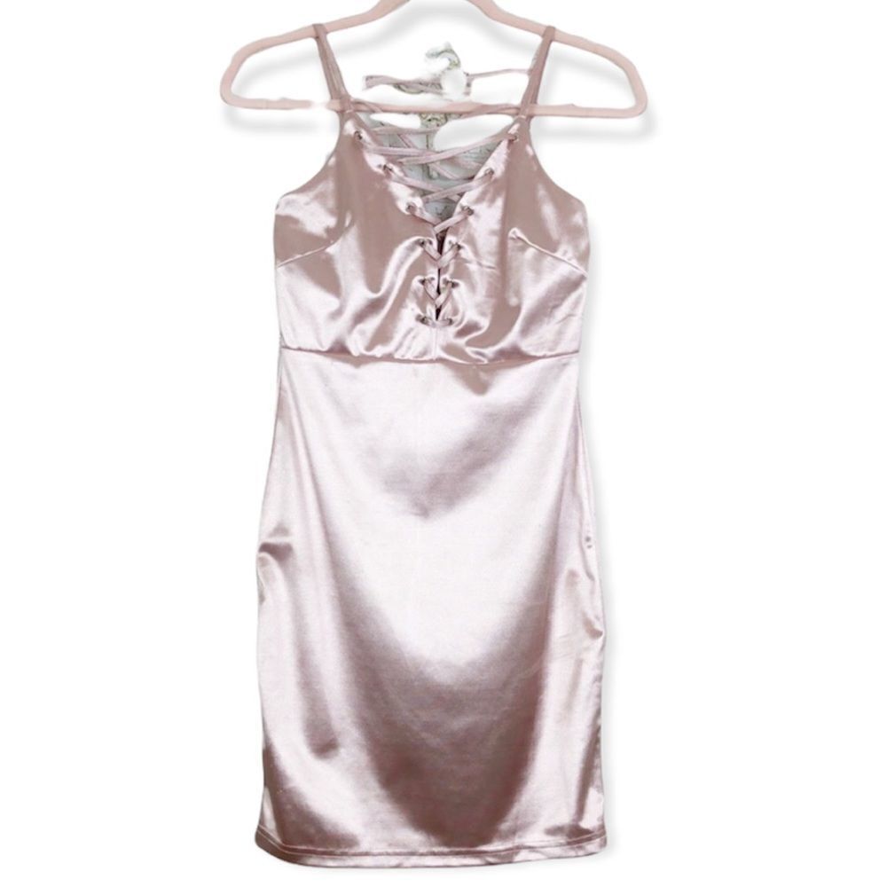 Fashion Nova Shiny Light Pink Lace Up Front Dress